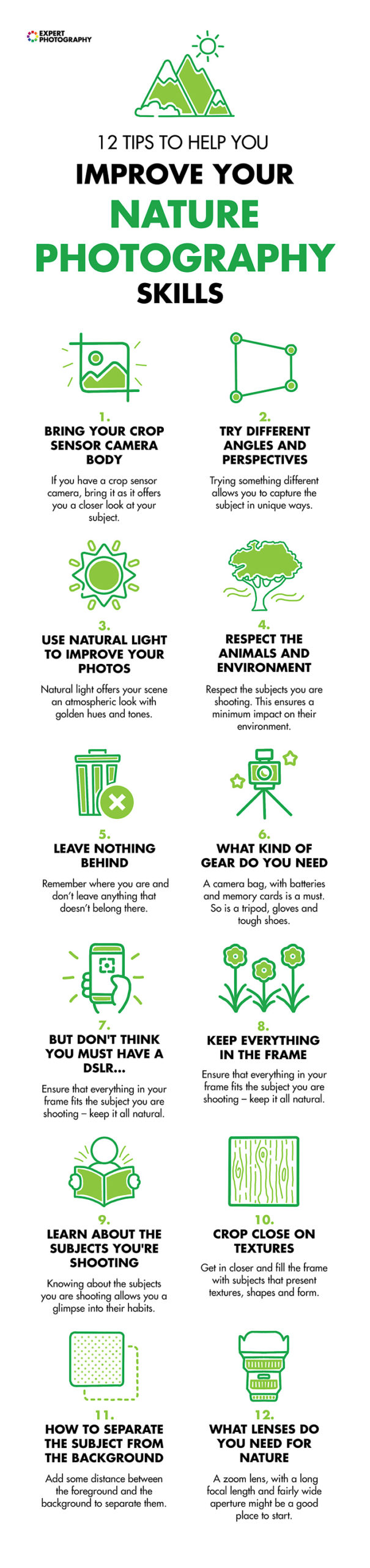 A cheat cheat with 12 nature photography concepts to help the learner improve their skills